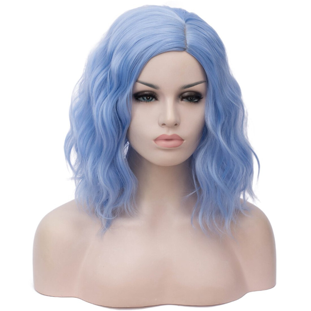 Parrucca Sintetica Da Donna, 35,6 Cm, Capelli Corti, Ondulati, Colore Azzurro, Per Cosplay, Halloween, 22 Colori Disponibili-image