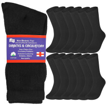 Special Essentials 12 Par Cotton Diabetic Crew Socks-Icke-bindande bred toppkomfort och std fr mn och kvinnor Black 13-15
