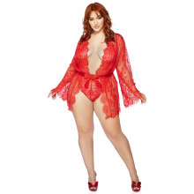 Completo composto da 3 pezzi di body in pizzo floreale con spalline regolabili e perizoma audace sul retro, vestaglia in pizzo abbinata con bordo