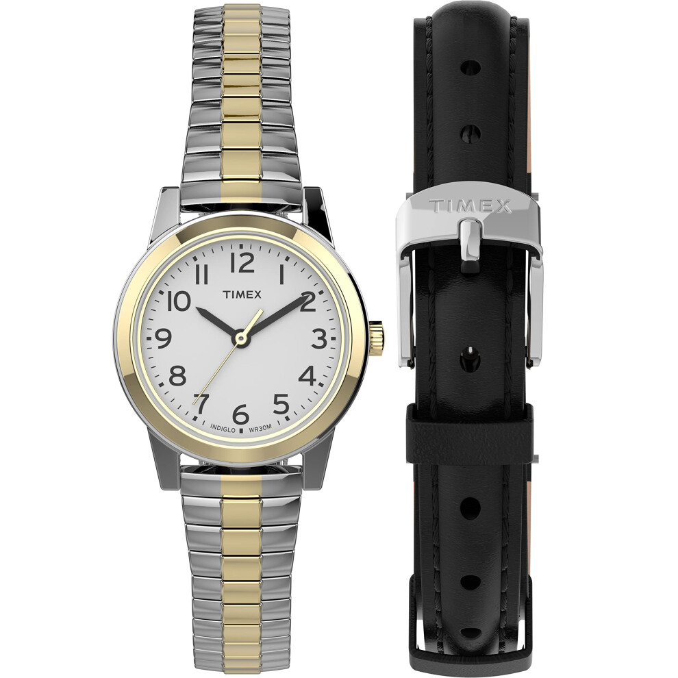 Timex Women's Essex Avenue 25mm Watch Box Set - Two-Tone Case White Dial with Two-Tone Expansion Band + Black Leather Strap