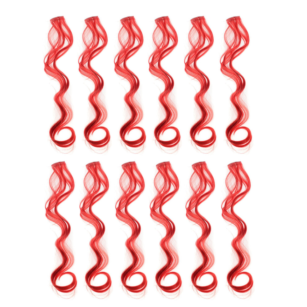 Swacc 12 Pcs Curly Wavy One Color Party Highlights Clip On In Hair Extensions Colored Hair Streak Synthetic Hairpieces (Red)