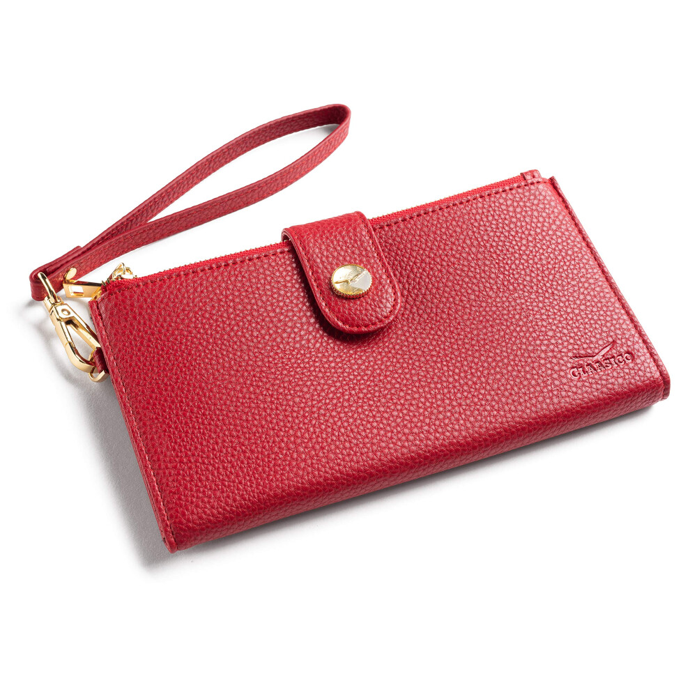 Portafoglio Da Donna Rfid Da Polso E Porta Telefono | Multi Carta Di Credito Bifold Organizer W/Tasche Con Cerniera E Dolcemente Confezionato In Confezione Regalo, Rosso - Lichee Grain, Small-image