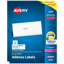 Avery Etiquetas de direccin imprimibles con alimentacin segura, 1"""" x 2-5/8"""", color blanco, 750 por paquete, 2 paquetes, 1 500 etiquetas de co
