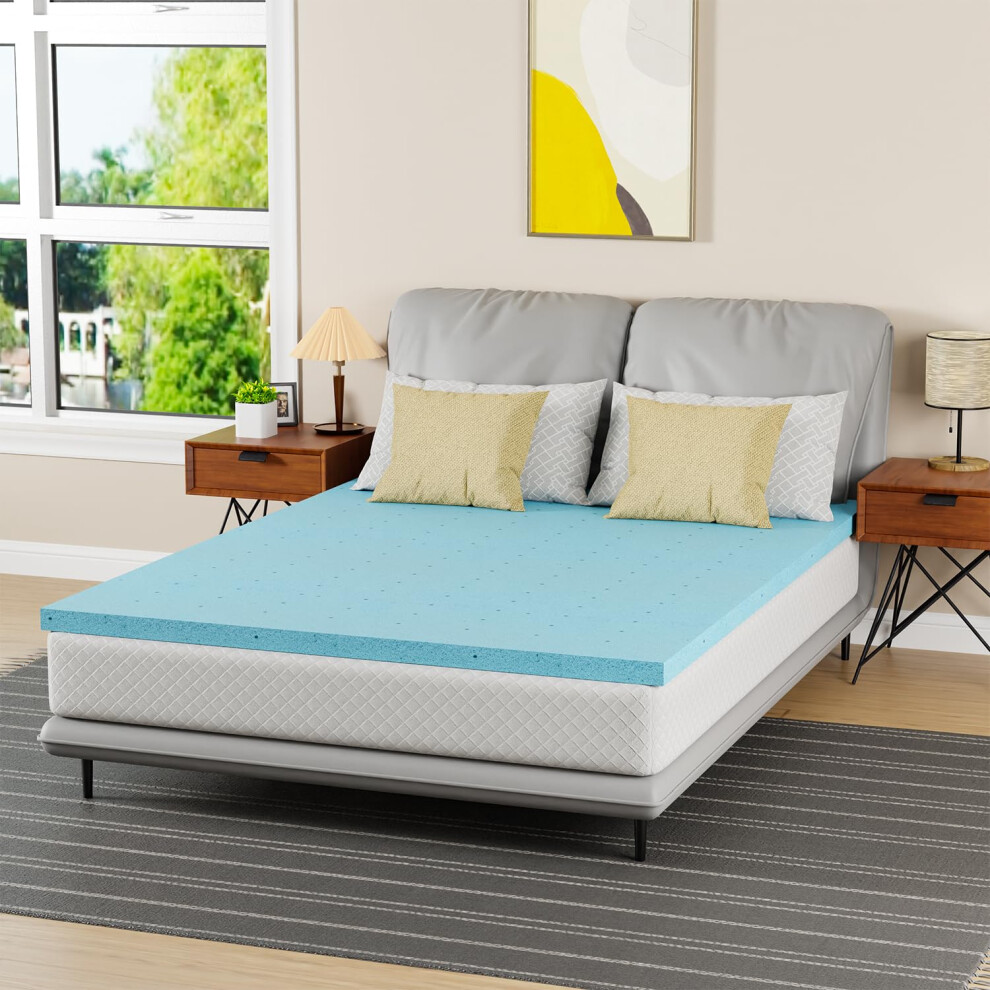 PayLessHere 2 Inch Gel Memory Foam Mattress Topper/Gel Infused Queen Mattress Topper/CertiPUR-US Certified/Easy to Clean Blue