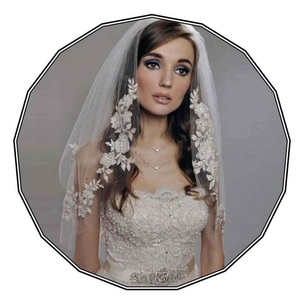 Acenail Velo Da Sposa A 2 Strati, Velo Da Sposa Corto Con Bordo In Pizzo E Pettine, Accessori Per Capelli In Tulle Per La Sposa (Bianco)-image