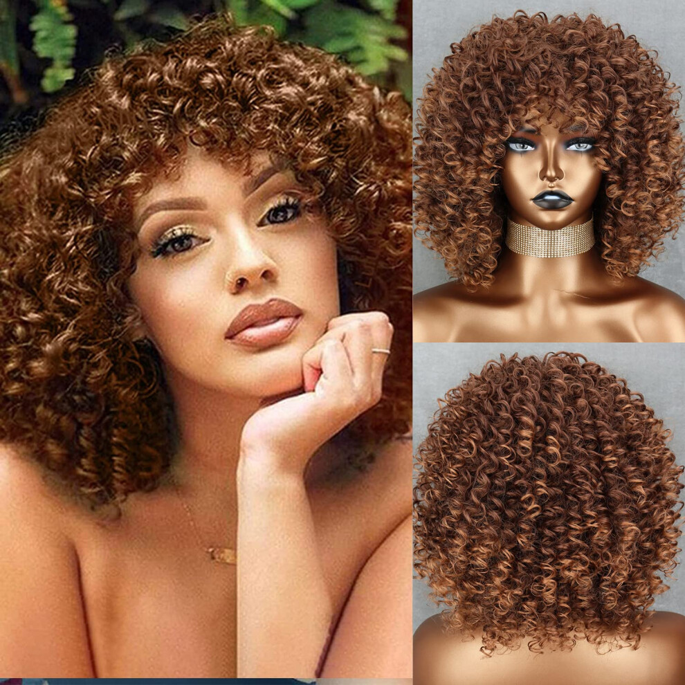 Xinran Unisex Black,Brown Brown Curly Afro Wig For Black Women Short Kinky Curly Wig With Bangs Synthetic Afro Full Hair Wig 14Inch(Light Brown)