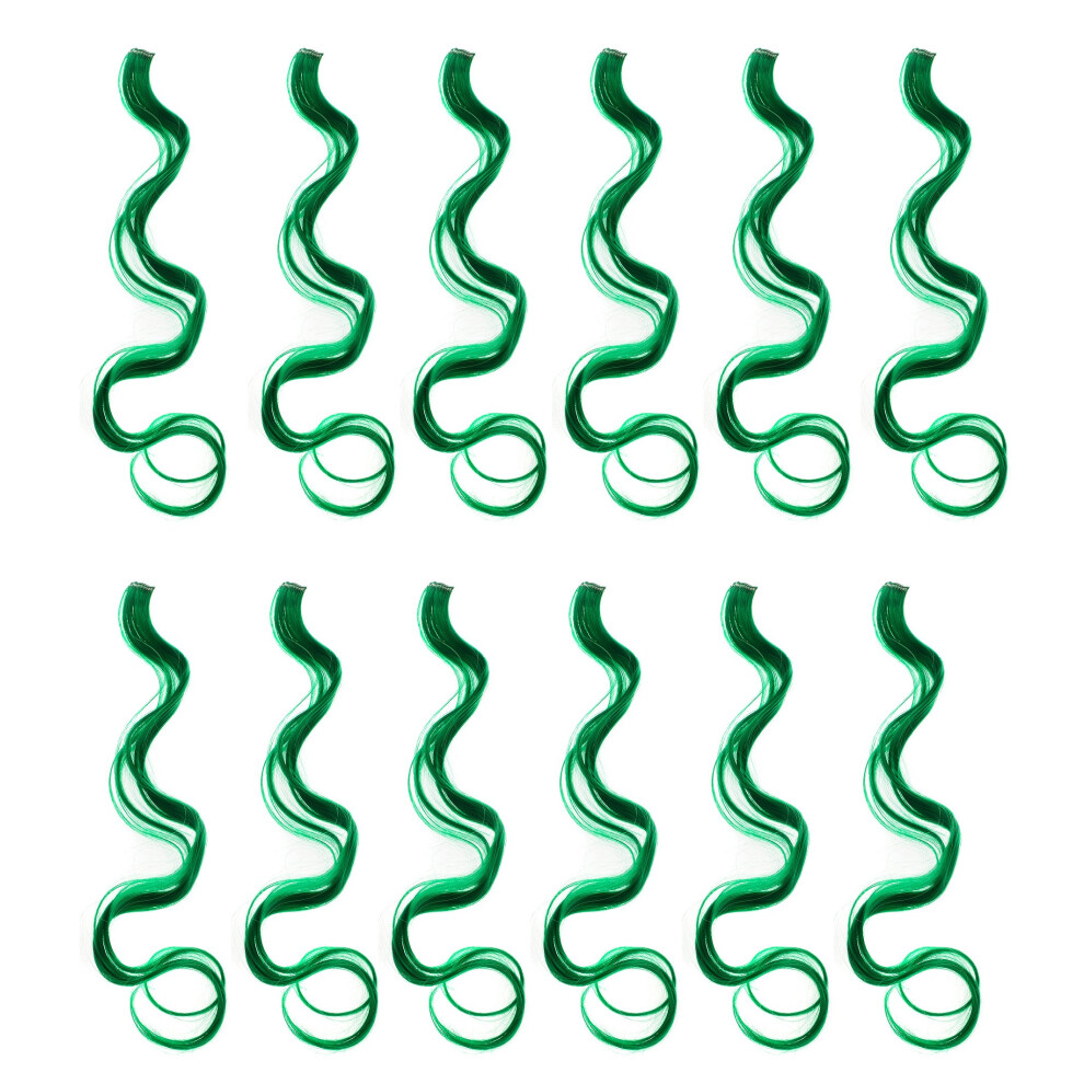 Swacc 12 Pcs Curly Wavy One Color Party Highlights Clip On In Hair Extensions Colored Hair Streak Synthetic Hairpieces (Green)