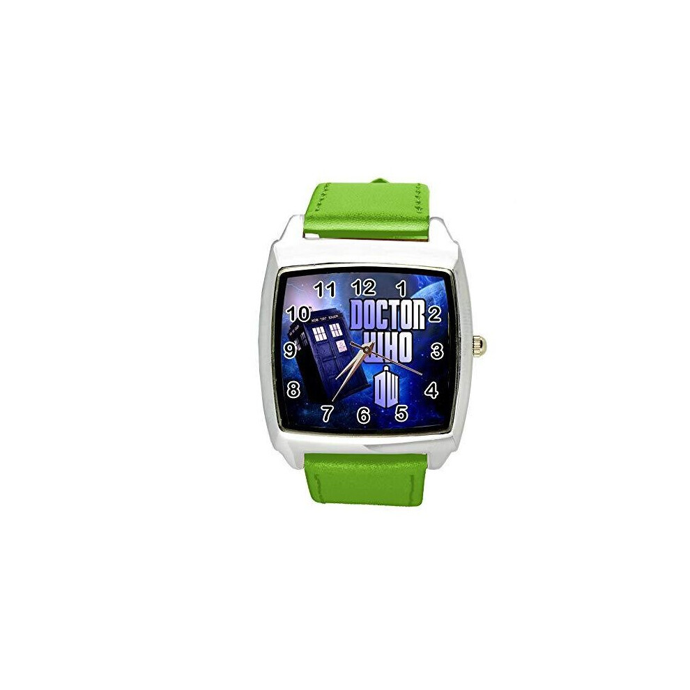 DR WHO Quartz Square SCI FI Watch E2 Green Real Leather Band-image-OPC-PGG8QMF-NEW