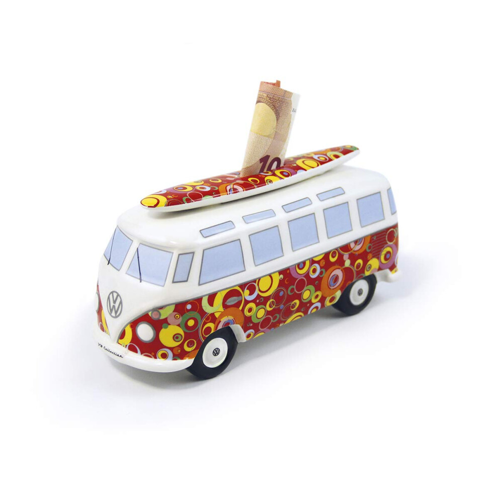 Brisa Vw Collection - Volkswagen Salvadanaio In Ceramica Con Tavola Da Surf, Per Risparmiare Monete E Banconote, Vw Bus T1 Design (Cerchi/Rosso)-image