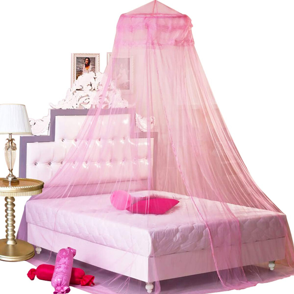 BCBYou Moustiquaire de lit princesse rose     baldaquin rond en dentelle pour lits jumeaux, lits doubles et queen size avec crochet g   ant