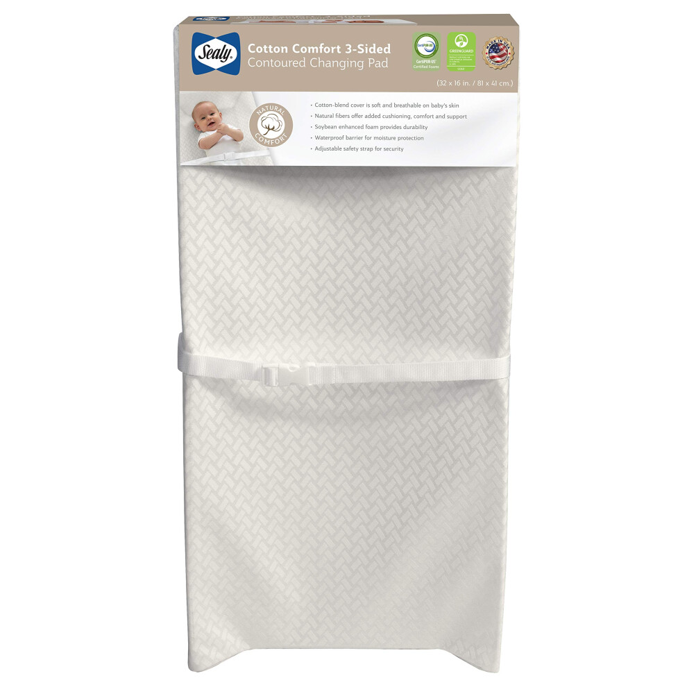 Sealy Baby Cotton Comfort Waterproof 3-Sided Contoured Baby Diaper Changing Pad for Dresser or Changing Table - White  32  x 16