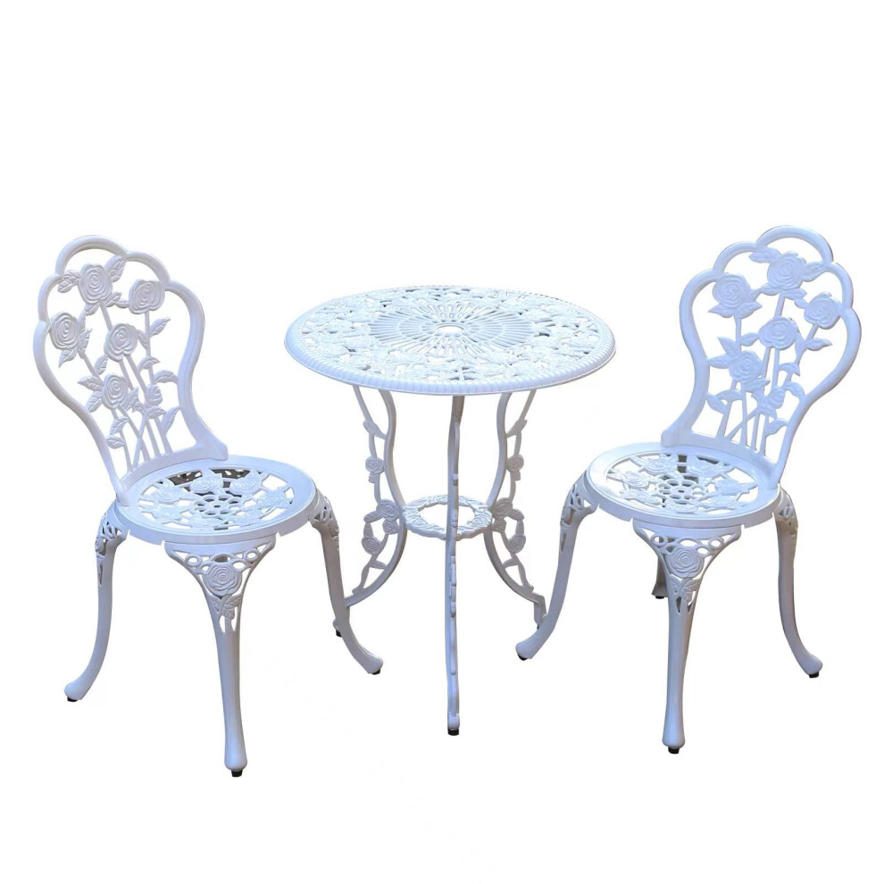 Ensemble bistro JARDIN DE CENTENNIAL. Table bistro en fonte d'aluminium antirouille avec trou pour parasol pour jardin (rose et blanc)