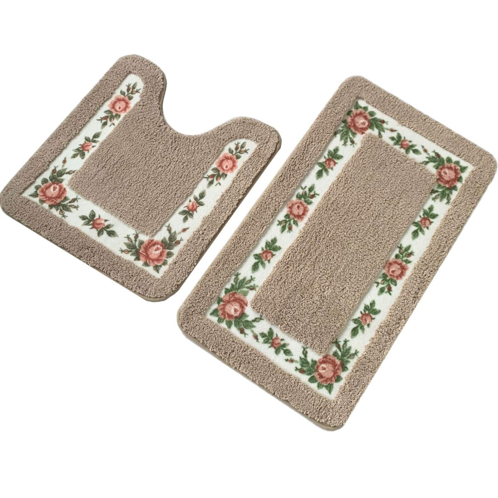 UKELER Lot de 2 tapis de bain antid   rapants     motif floral et rose, doux et moelleux, en forme de U, pour salle de bain, couleur moka