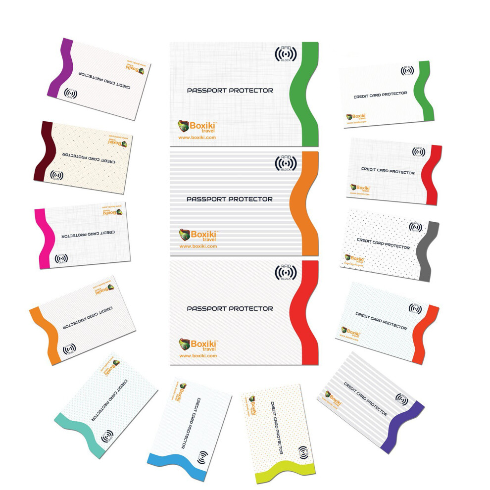 Boxiki Travel Rfid, Set Di 15 Custodie Con Codifica Colore | 12 Porta Carte Di Credito + 3 Protezioni Per Passaporto | Ultimate Antifurto (Bianco)-image