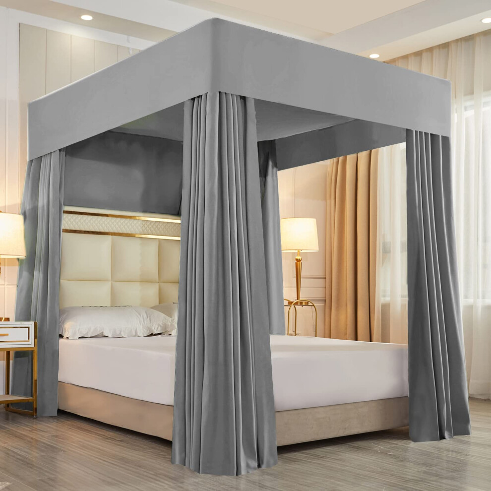 Mengersi Rideau de lit    baldaquin solide    quatre coins avec moustiquaire transparente pour chambre d'enfant et adulte (Queen Gray)