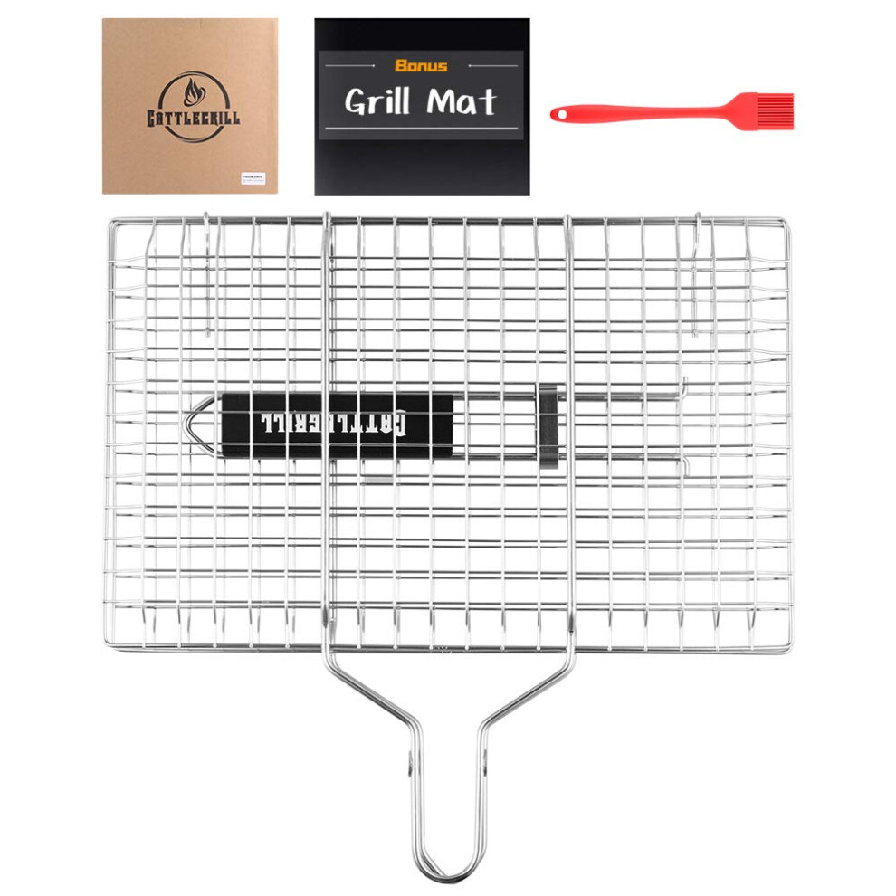 Cattlegrill Foldable BBQ Fish Grill Basket with 430 Stainless Steel  Grill Set Includes: a Reusable Grill mat and a basting Brush.-image-OPC-PGG8T9R-NEW