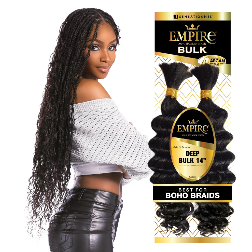 Sensatienel Sensationnel Empire Bulk Braiding - Deep Human Hair Braids For Knotless Boho Box Or Curly Loose Wave Styles (14 Inch 1B Offblack)