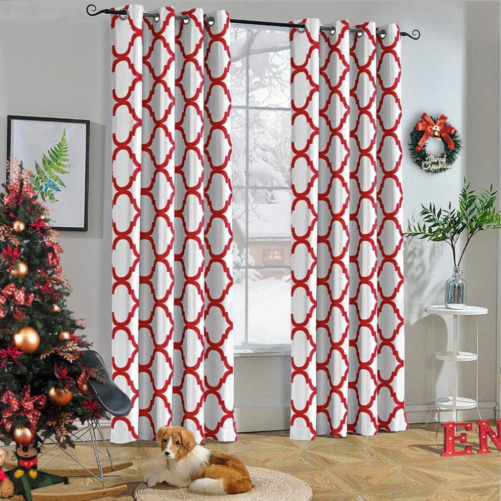 Rideaux Occultants Illets Isolants Thermiques Melodieux De Style Marocain Pour Salon, 132 X 244 Cm, Blanc Cass /Rouge (1 Panneau)-image