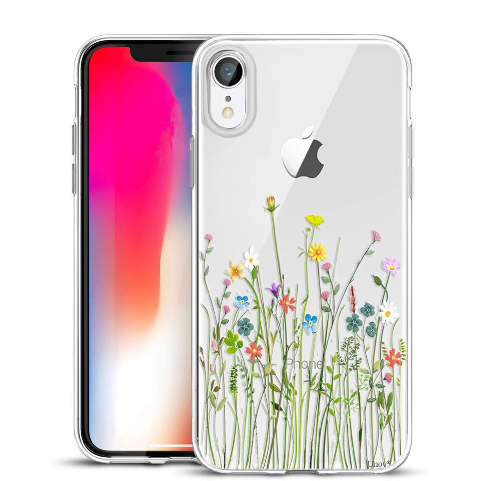 Unov Case Compatible With Iphone Xr Case Clear With Design Slim Protective Soft Tpu Bumper Embossed Pattern 6.1 Inch (Flower Bouquet) 754021799213