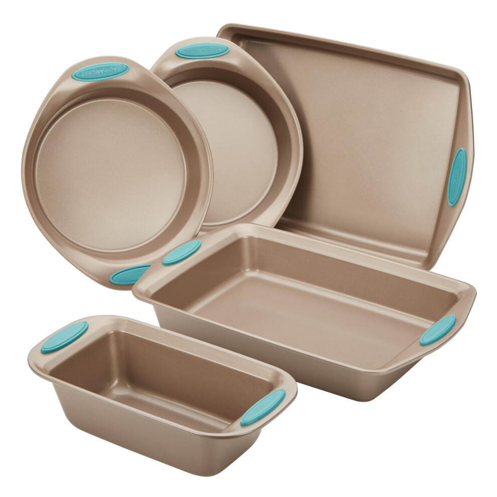 Rachael Ray Cucina Backgeschirr-Set, Inklusive Antihaftbeschichtetem Brotbackblech Und Kuchenformen, 5-Teilig, Latte-Braun Mit Agavenblauen Griffen-image