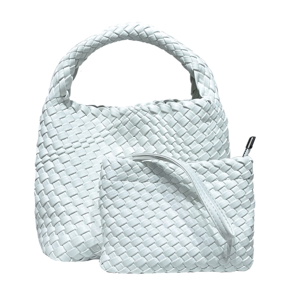Handmade Woven Shoulder Bags for Women Cute Hobo Tote Handbag Mini Clutch Purse with Magnetic Buckle Crossbody Phone Bag (Pure White)