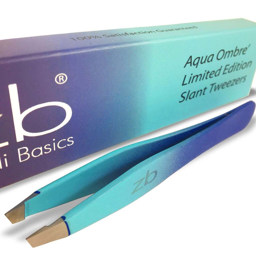 Zizzili Basics Tweezers - Limited Edition Aqua Ombr? Slant Tweezer - Best Tweezers For Eyebrow Hair Removal And Your Precision Needs