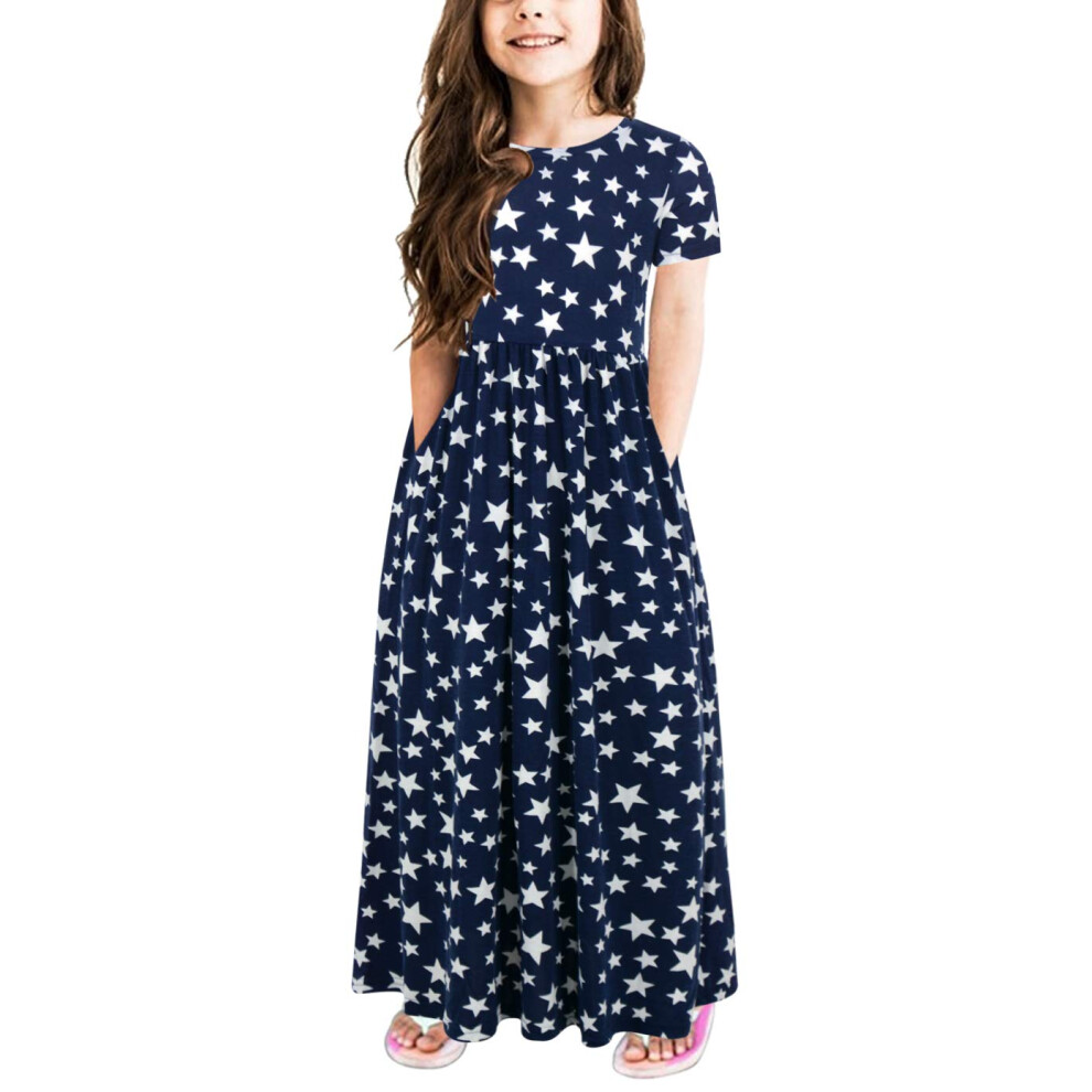 gORLYA girls Short Sleeve Floral Print Loose casual Holiday Long Maxi Dress with Pockets 4-12 Years (9-10YearsHeight:140cm Navy Star)