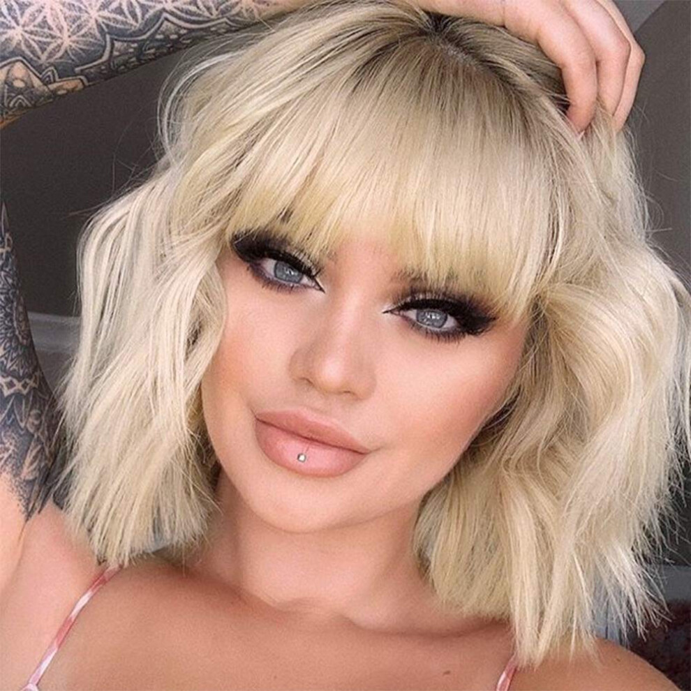 Missqueen Unisex Short Ombre Blonde Wigs Wavy Bob Blonde Wig With Bangs Synthetic Curly Pastel Blond Wig For Women Girl Colorful Cosplay Wigs