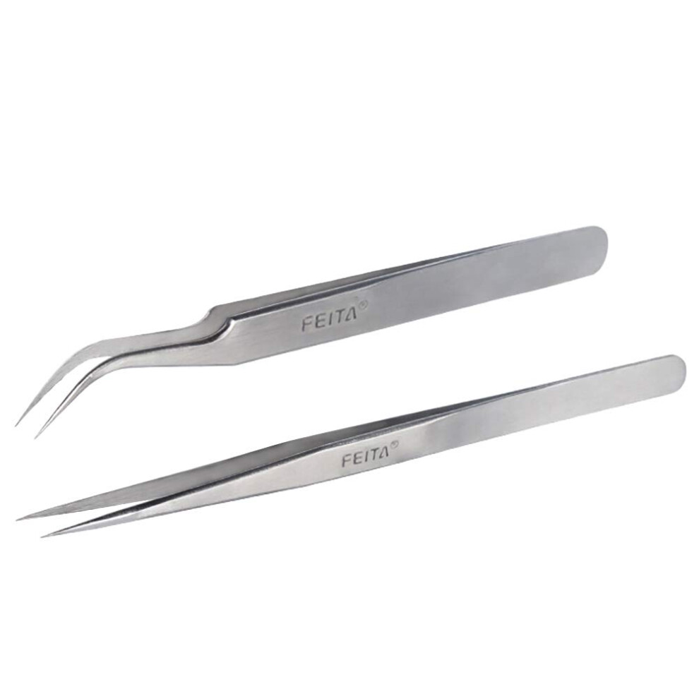Feita Silver Best Eyelash Extension Tweezer Set - Pro Straight & Curved Pointy Precision Fine Tip Tweezers For Lash Extensions - 2Pcs