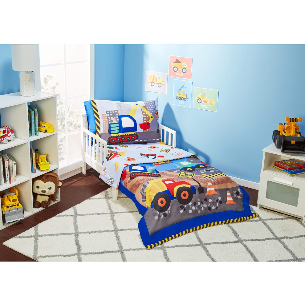 EVERYDAY KIDS 4 Piece Toddler Bedding Set - Under Construction - includes Comforter  Flat Sheet  Fitted Sheet and Reversible Pillowcase