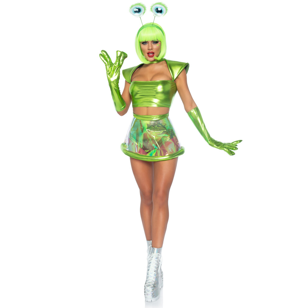 L'ensemble 5 pièces Beam Me Up Babe comprend un haut court en lamé métallique, une jupe transparente irisée, une culotte taille haute, des gants