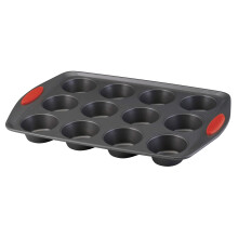 Rachael Ray Yum-o! Nonstick Bakeware 12-Cup Muffin Tin With Grips / Nonstick 12-Cup Cupcake Tin With Grips - 12 Cup Gray with Red Grips