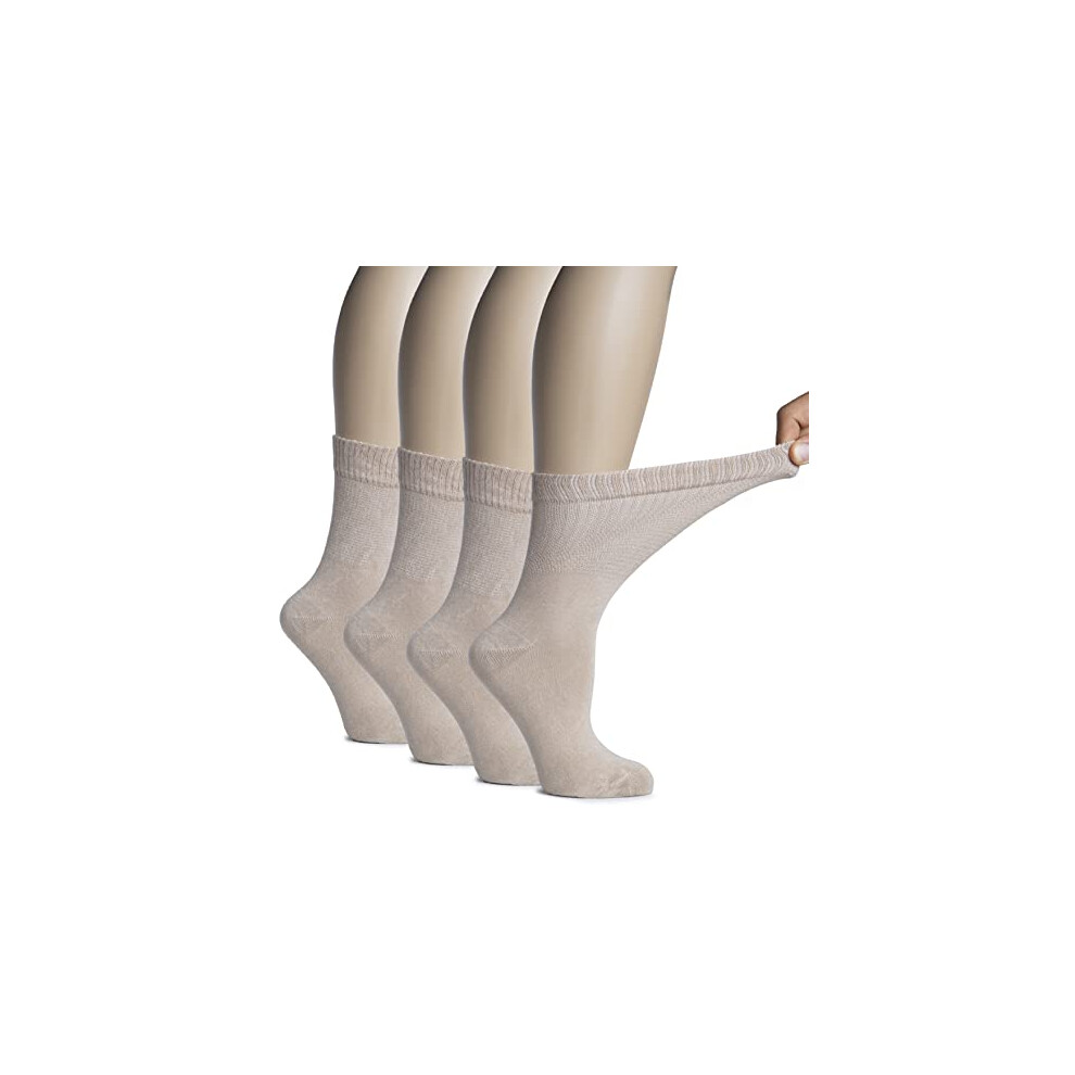 Hugh Ugoli Chaussettes Mi-Mollet En Bambou Pour Femmes Diab Tiques, Fines, Amples, Souples, Larges, Extensibles, Sans Coutures, Bout, 4 Paires, Beige-image