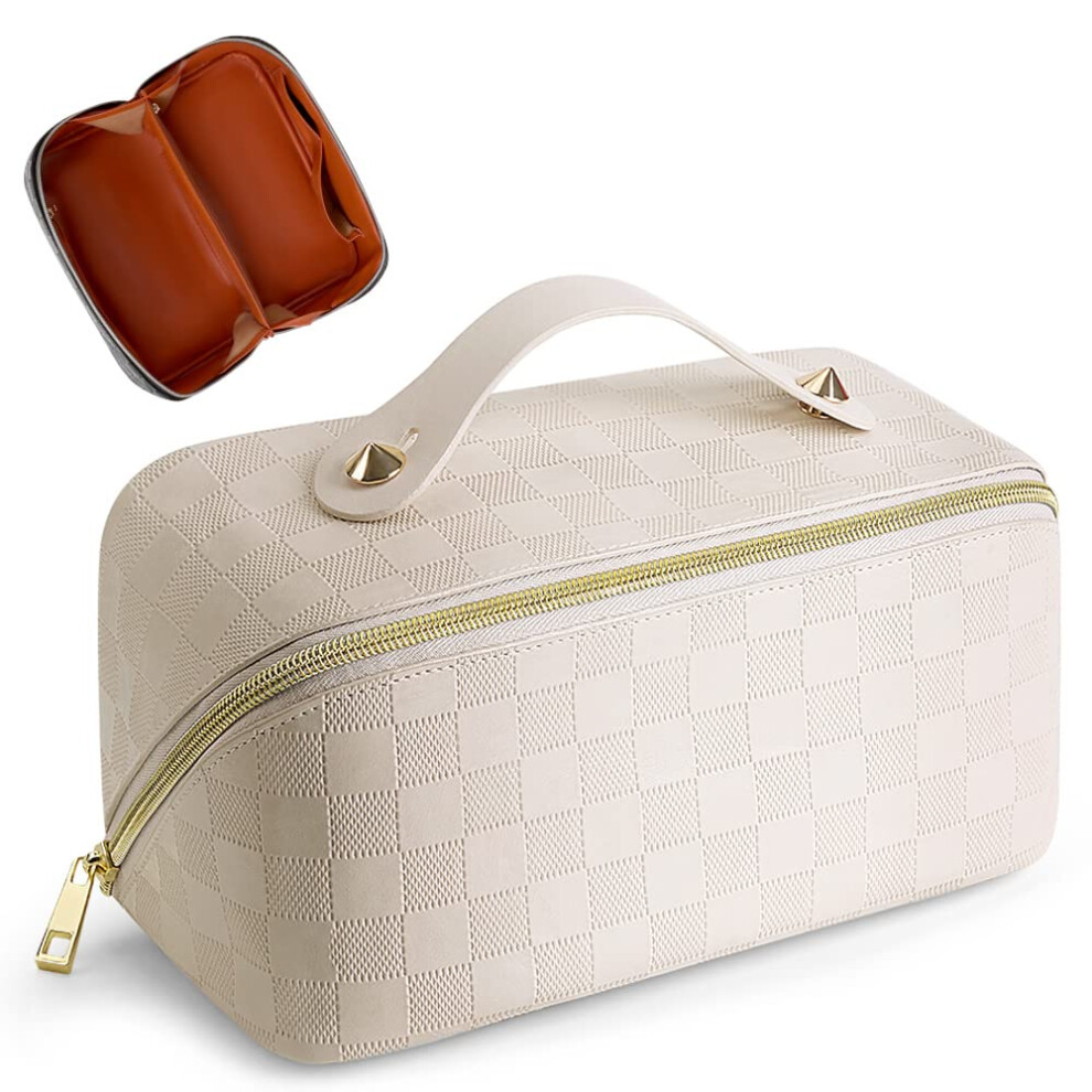 Cessfle Large Capacity Travel Cosmetic Bag Plaid Checkered Makeup Bag Portable Leather Waterproof Skincare Bag With Handle And Divider For Women