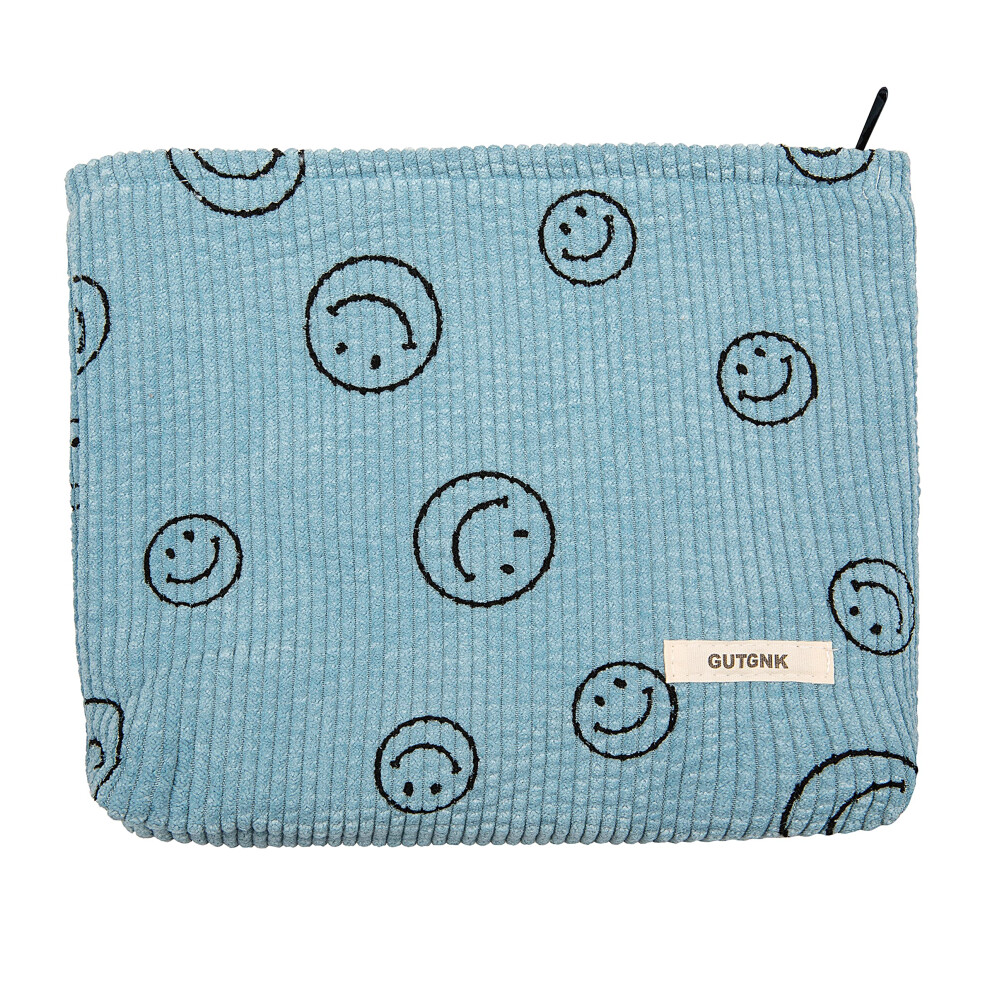 Gutgnk Makeup Bag For Women Corduroy Cosmetic Bag Aesthetic Design Ladies Tote Bag Cute Smiley Face Makeup Organizer With Zipper - Blue