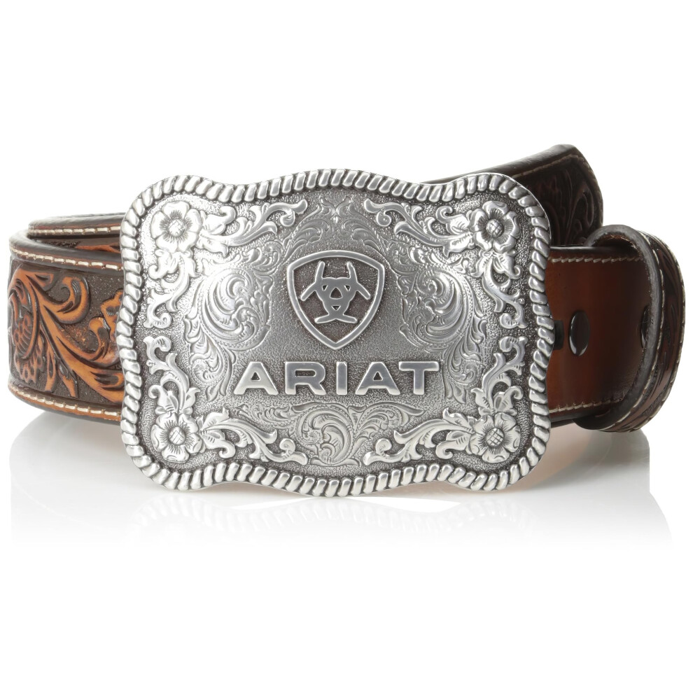 ARIAT Men's Straight Floral Leather Belt with Antique Silver Plate Buckle - Black/Tan, Size 44 | A1020467