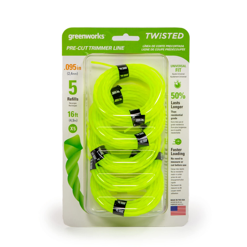 Greenworks 0.095"""" 5-Pack Pre-Cut Twisted String Trimmer Line