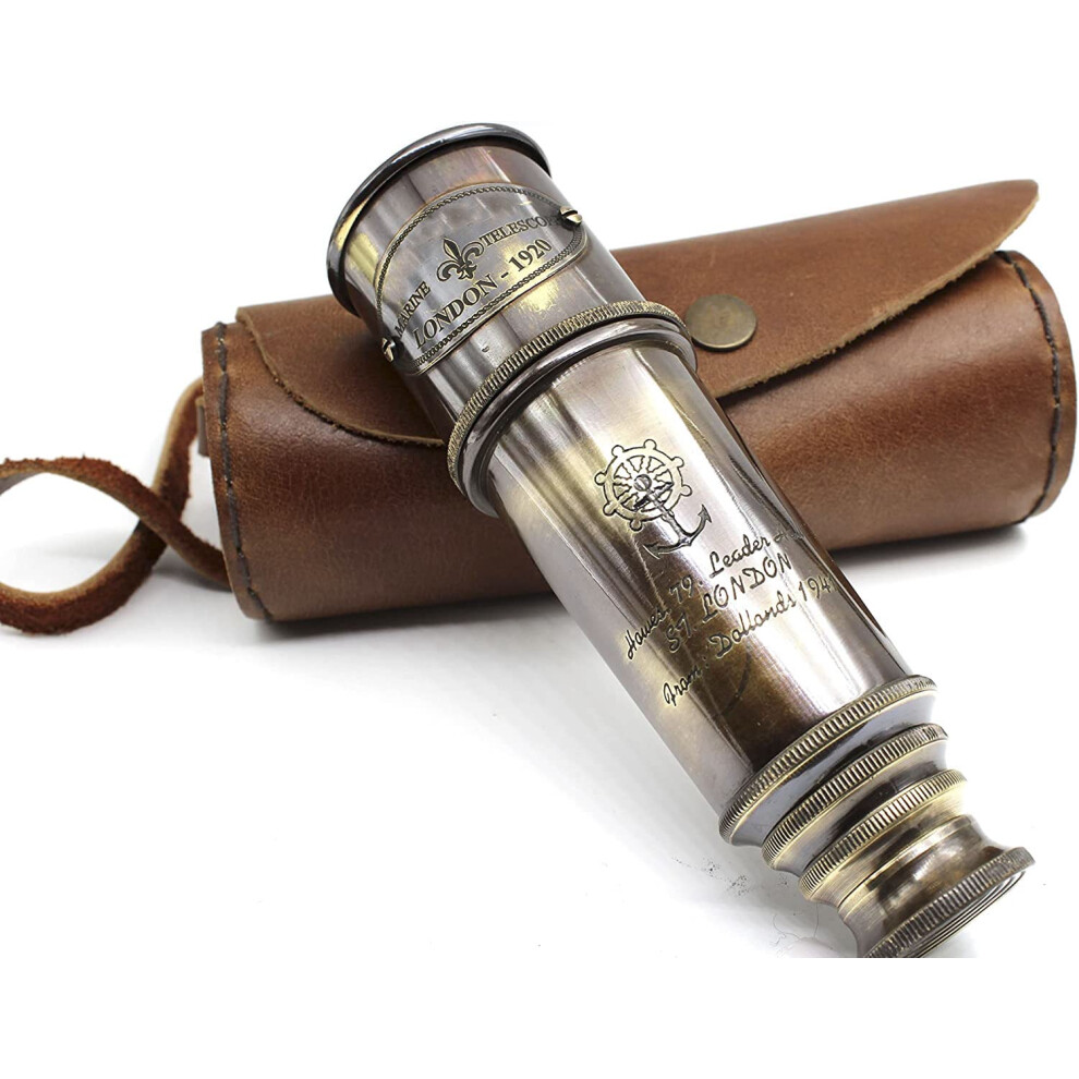 1920 Dollond London Brass Maritime Vintage Telescopio Con Custodia In Pura Pelle...-image