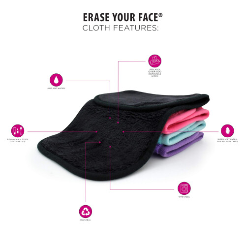 ERASE YOUR FACE Πανί ντεμακιγιάζ πολλαπλών χρήσεων ροζ/μαύρο, 2 τεμάχια 1