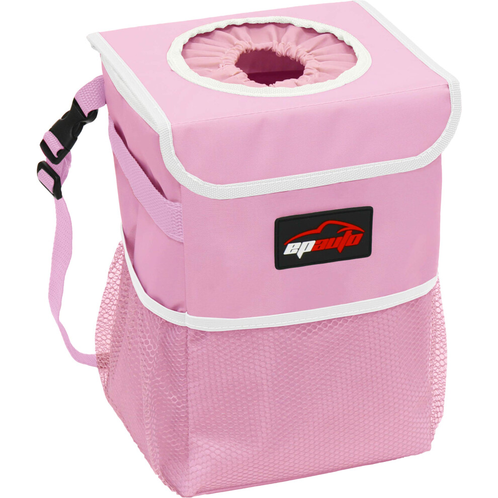 Epauto Waterproof Car Trash Can With Lid And Storage Pockets Pink 811244034030