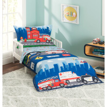 EVERYDAY KIDS 4 Piece Toddler Bedding Set -Fire and Police Rescue- includes Comforter Flat Sheet Fitted Sheet and Reversible Pillowcase