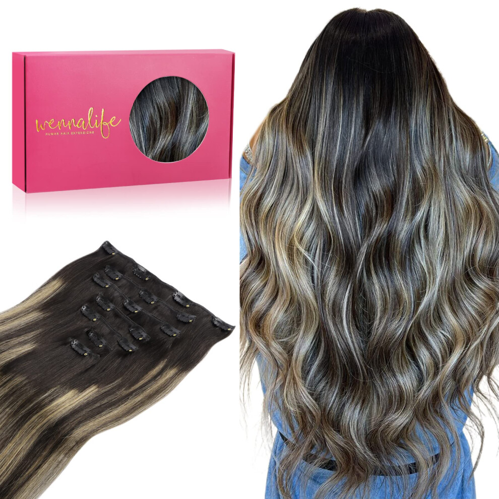 Wennalife Unisex Black Clip In Human Hair Extensions 14 Inch 120G 7Pcs Balayage Natural To Light Blonde Remy Clip In Hair Extensions Double Weft