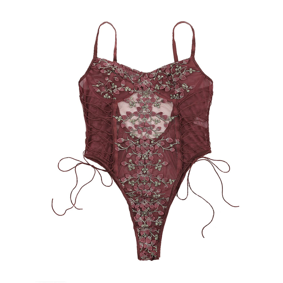 Lilosy Petite Lingerie Sexy Femme Dentelle Floral Brod    Teddy Babydoll Body Body Maille Transparent Une Pi   ce Bordeaux XS