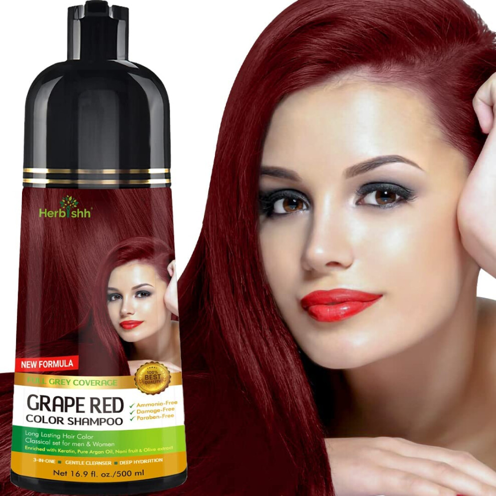 Herbishh Hair Color Shampoo (Grape ) - Magic Hair Dye For Gray Hair - Ammonia-Free 3-In-1 Shampoo Conditioner - Lasts 2-3 Weeks 500 Ml Red
