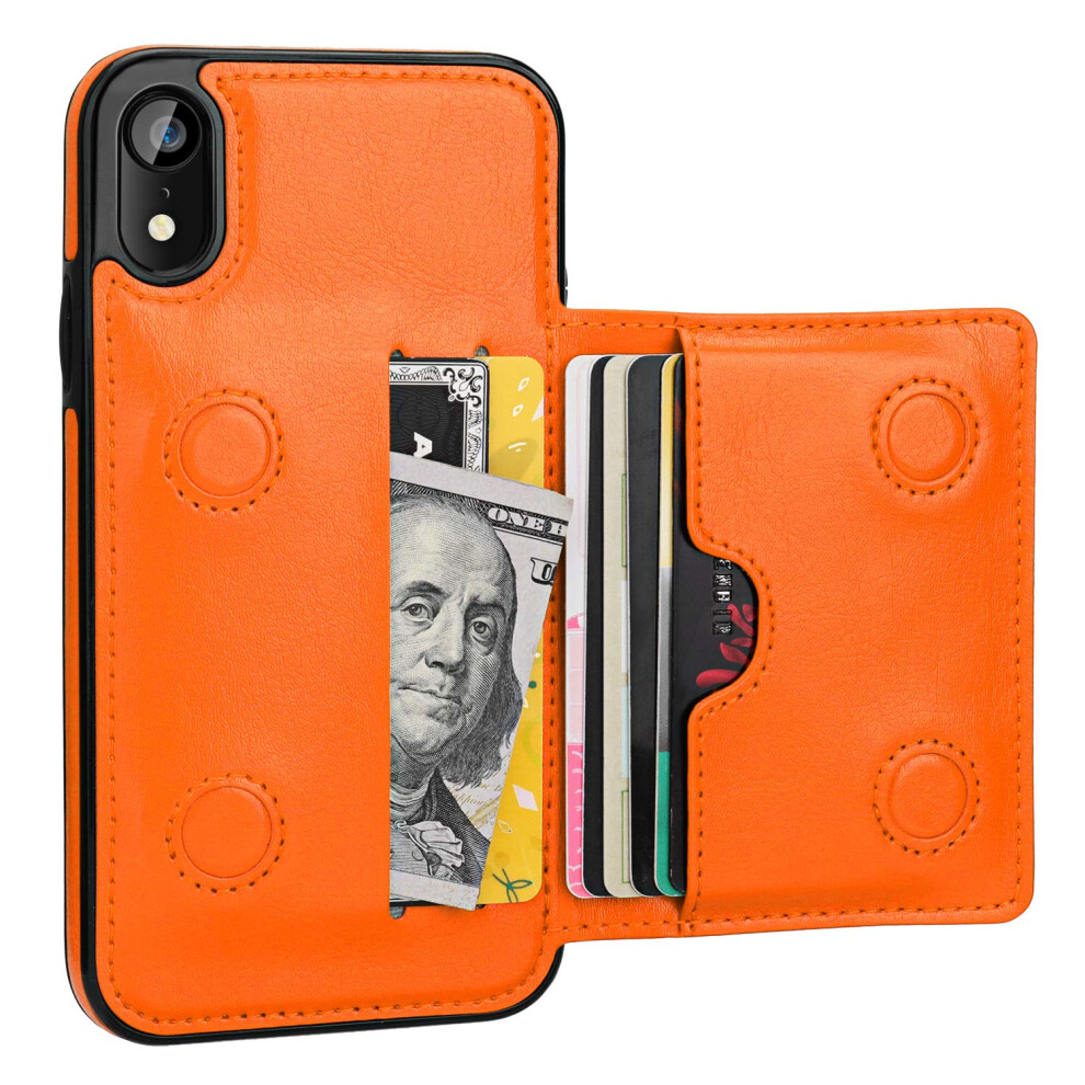 Kihuwey Iphone Xr Wallet Case Credit Card Holder Premium Leather Kickstand Durable Shockproof Protective Cover Iphone Xr 6.1 Inch (Orange) Orange 782500198806