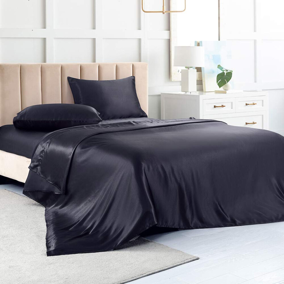 Draps de lit en satin King Size, draps en soie noire, ensemble de literie doux 4 pi   ces avec 1 drap-housse     poche profonde, 1 drap plat et 2 tai