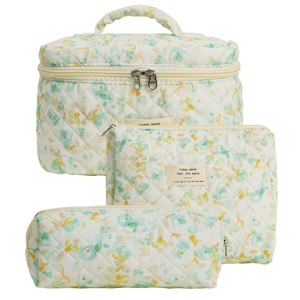 Everfunny Lot de 3 trousses de maquillage matelass  es en coton    motif floral pour femme (vert et jaune)