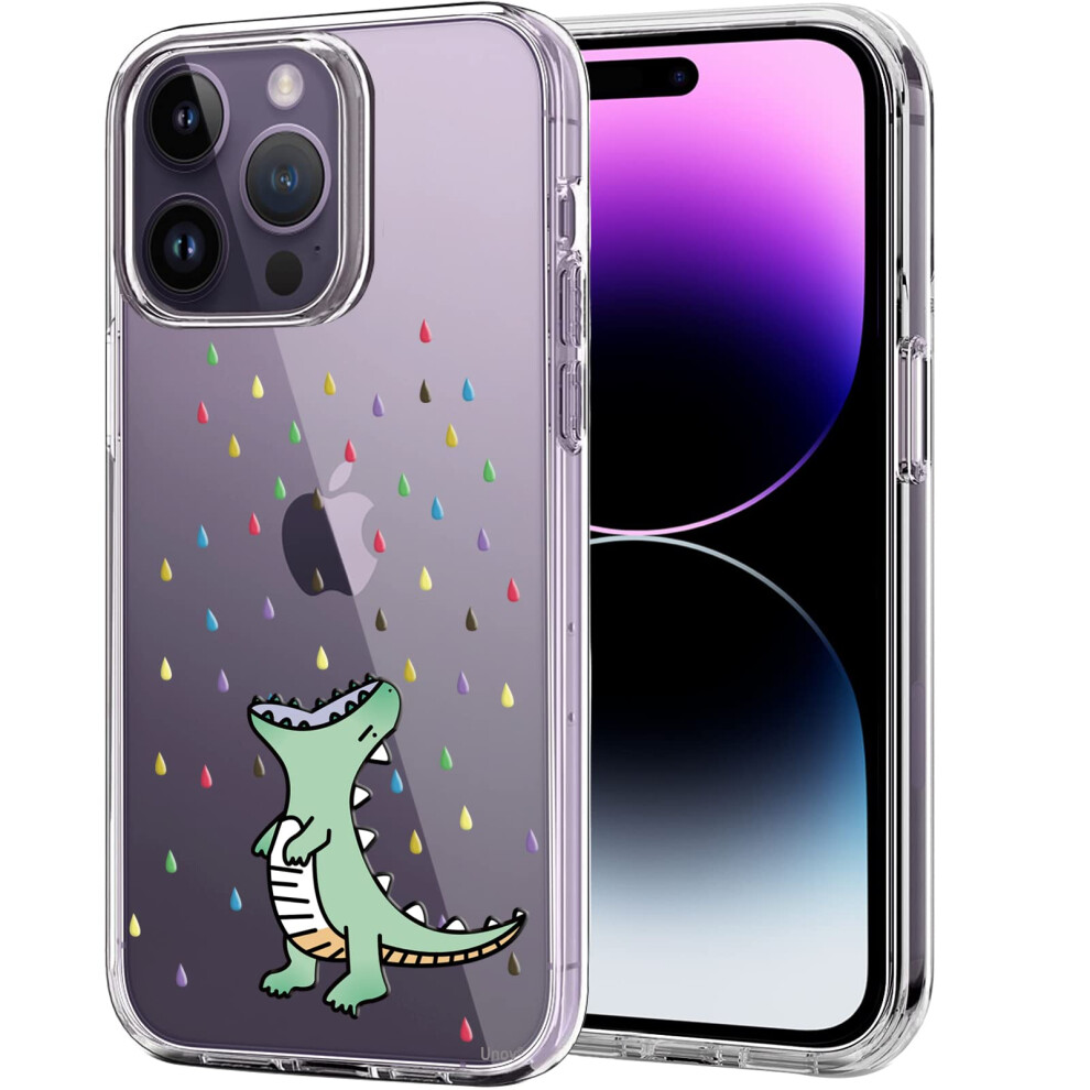 Unov Case Compatible With Iphone 14 Pro Case Clear With Design Embossed Pattern Soft Tpu Bumper Slim Protective 6.1 Inch (Rainbow Dinosaur) 6974980001484