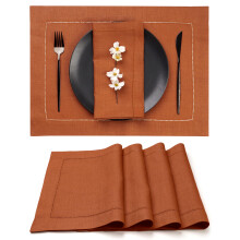 D'Moksha Homes Linen Placemats Set of 4-100% Pure Linen Rust Placemats 14 x 19 Inch - Classic Hemstitch Washable Rust Placemats for Easter