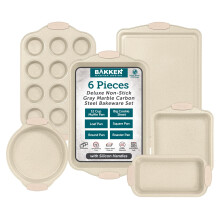 BAKKENMASTER 6-delad Deluxe Nonstick Bakplt Set - Professionell kvalitet kolstl Bakform med vit marmorbelggning och silikonhandtag